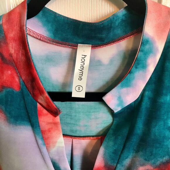 Honeyme Tie Die 3/4 Sleeve Red White Purple Teal Flowy Blouse Size Small - Picture 2 of 6